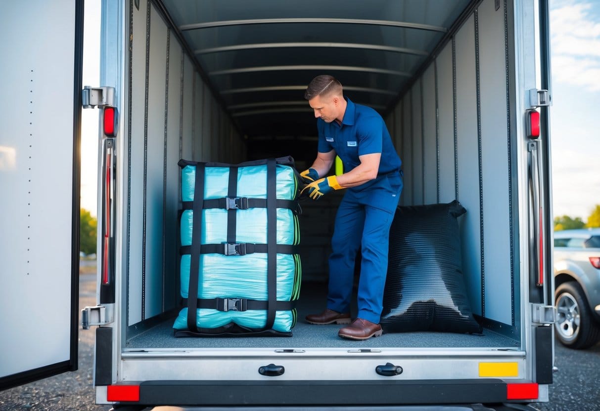 En person sikrer fragt inde i en lukket trailer ved at bruge spænderemme og polstring for at sikre sikker transport