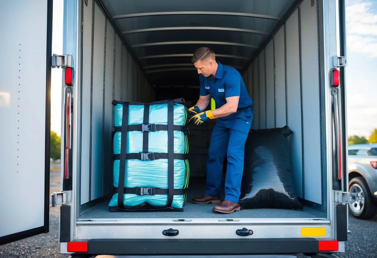 En person sikrer fragt inde i en lukket trailer ved at bruge spænderemme og polstring for at sikre sikker transport